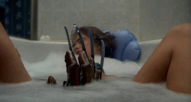 The iconic bathtub scene featuring Heather Langenkamp in A Nightmare on Elm Street (1984).