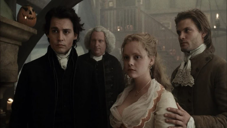 Johnny Depp, Jeffrey Jones, Christina Ricci, and Casper Van Dien in Sleepy Hollow (1999).