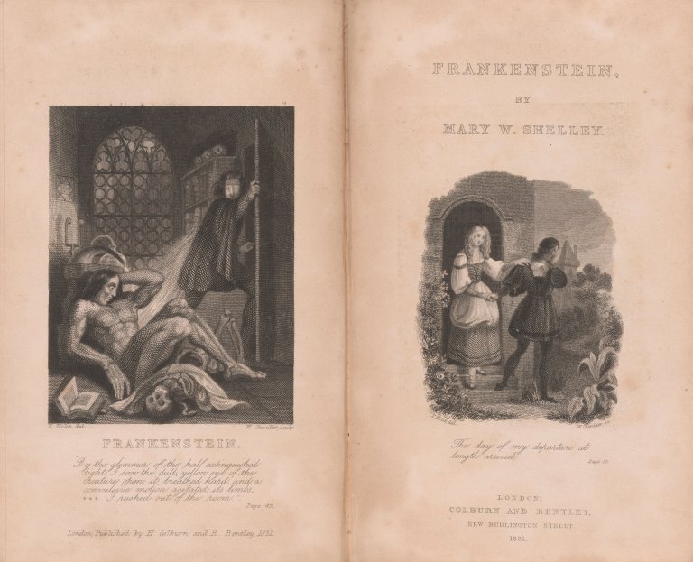 Images from the first publication of the Frankenstein novel to carry Mary Shelley's name as the author.
