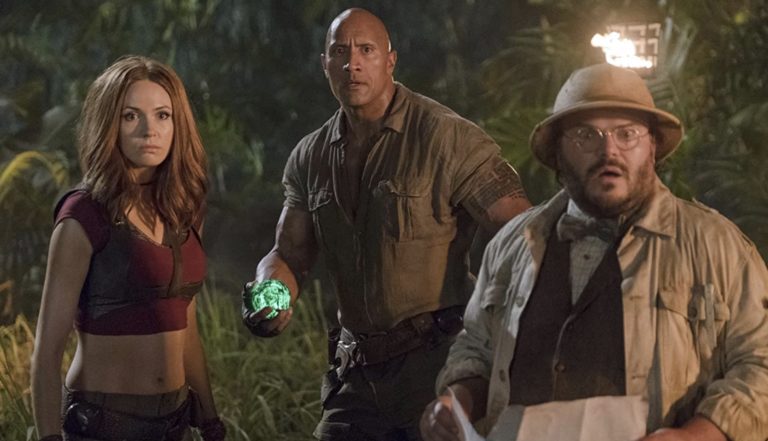 Karen Gillan, Dwayne Johnson, and Jack Black in Jumanji: Welcome to the Jungle (2017).