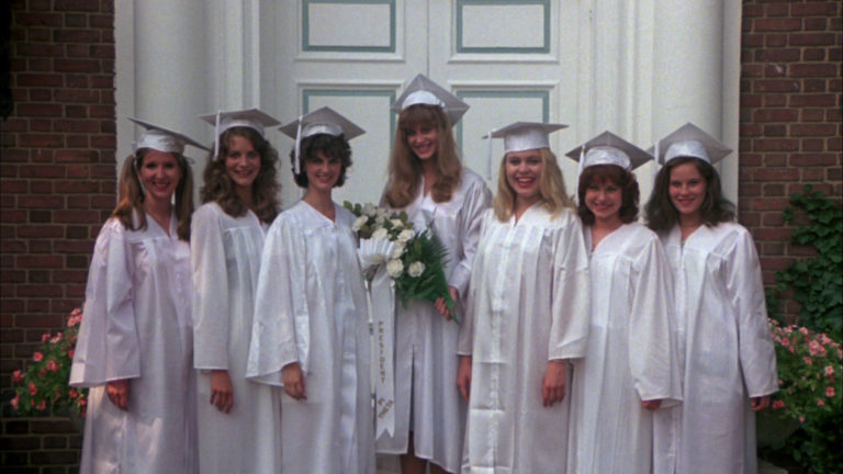 Eileen Davidson and the rest of the main cast in The House on Sorority Row (1982).