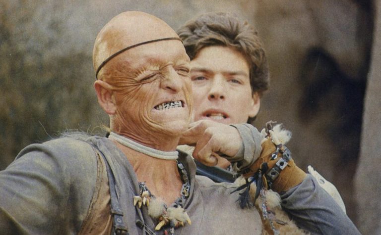 Michael Berryman and Kevin Spirtas in The Hills Have Eyes Part II (1984).