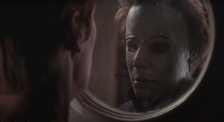 Laurie Strode (Jamie Lee Curtis) comes face to face with Michael Myers in Halloween H20 (1998).