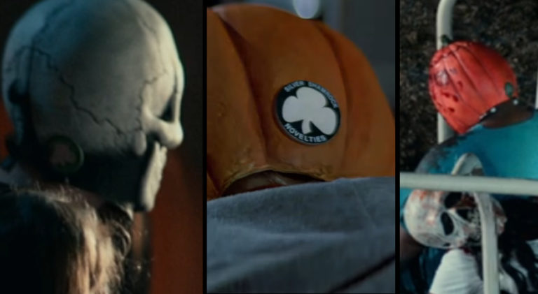 Silver Shamrock tags in Halloween Kills (2021) and Halloween III: Season of the Witch (1982).