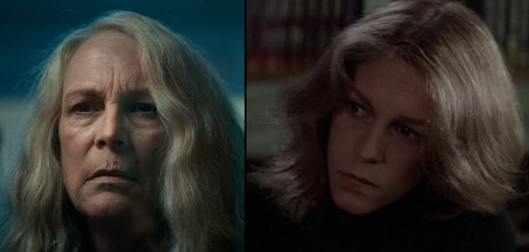 Jamie Lee Curtis in Halloween Kills (2021) and Halloween (1978).