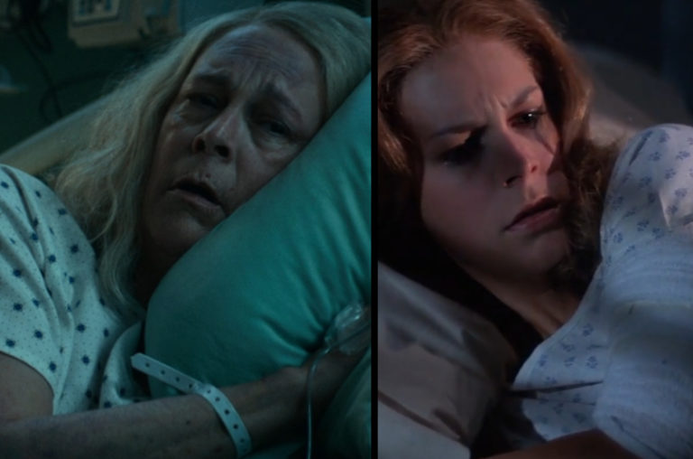 Jamie Lee Curtis in Halloween Kills (2021) and Halloween II (1981).