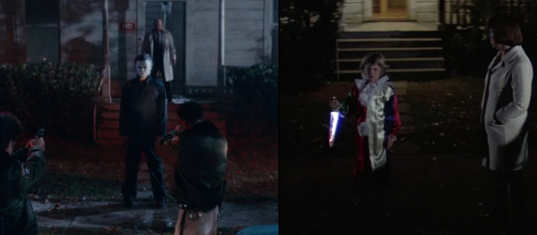 Similar shots of Michael Myers from Halloween Kills (2021) and Halloween (1978).