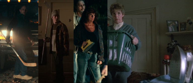 Victims with weapons in Halloween Kills (2021), Halloween H20 (1998), and Halloween: The Curse of Michael Myers (1995).