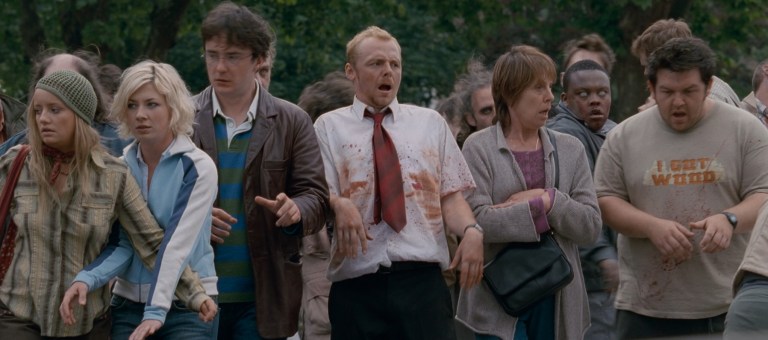 Simon Pegg, Nick Frost, and more in Shaun of the Dead (2004).