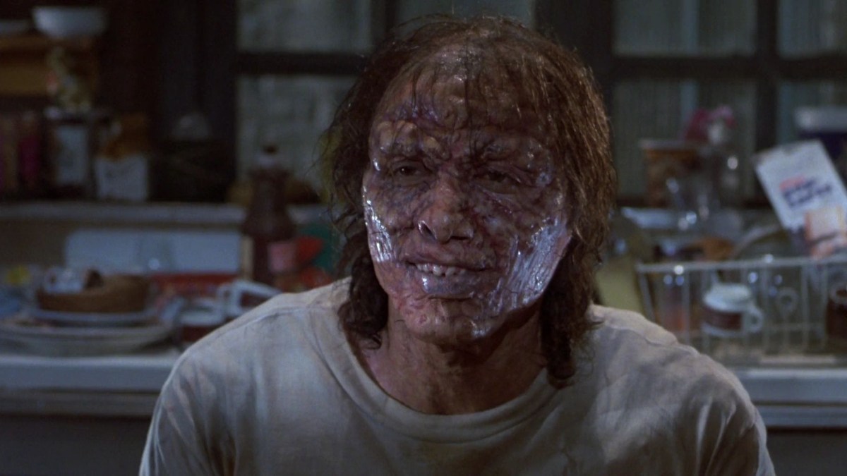 Jeff Goldblum as Seth Brundle mid-transformation in The Fly.