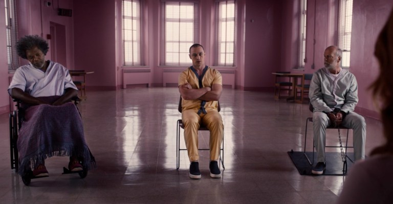 Samuel L. Jackson, James McAvoy, and Bruce Willis in Glass (2019)