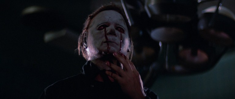 Michael Myers bleeds from the eyes in Halloween II (1981).