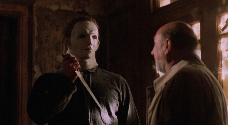 Michael Myers confronting Dr. Loomis in Halloween 5: The Revenge of Michael Myers (1989).