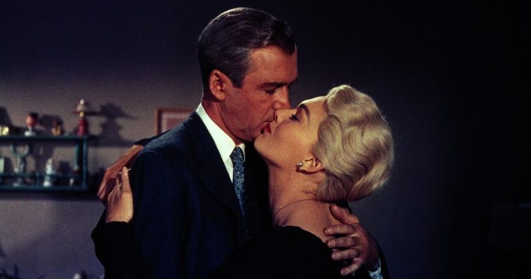 James Stewart and Kim Novak embrace in Vertigo (1958).