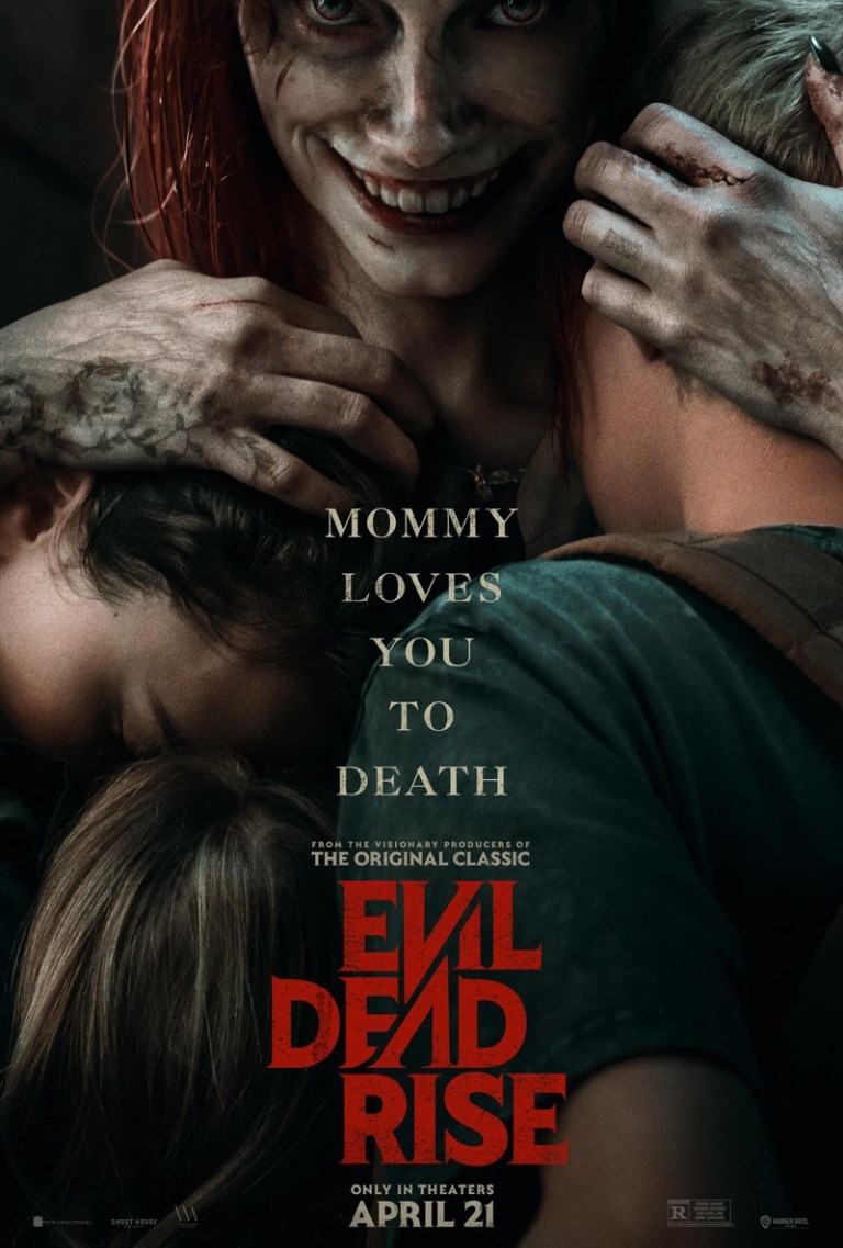 The official Evil Dead Rise poster, featuring Deadite Ellie embracing her three children.