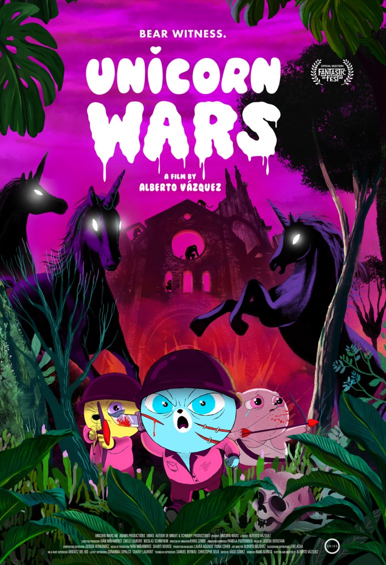 The poster for Unicorn Wars (2022) featuring shadowy unicorns behind bloody teddy bear soldiers.