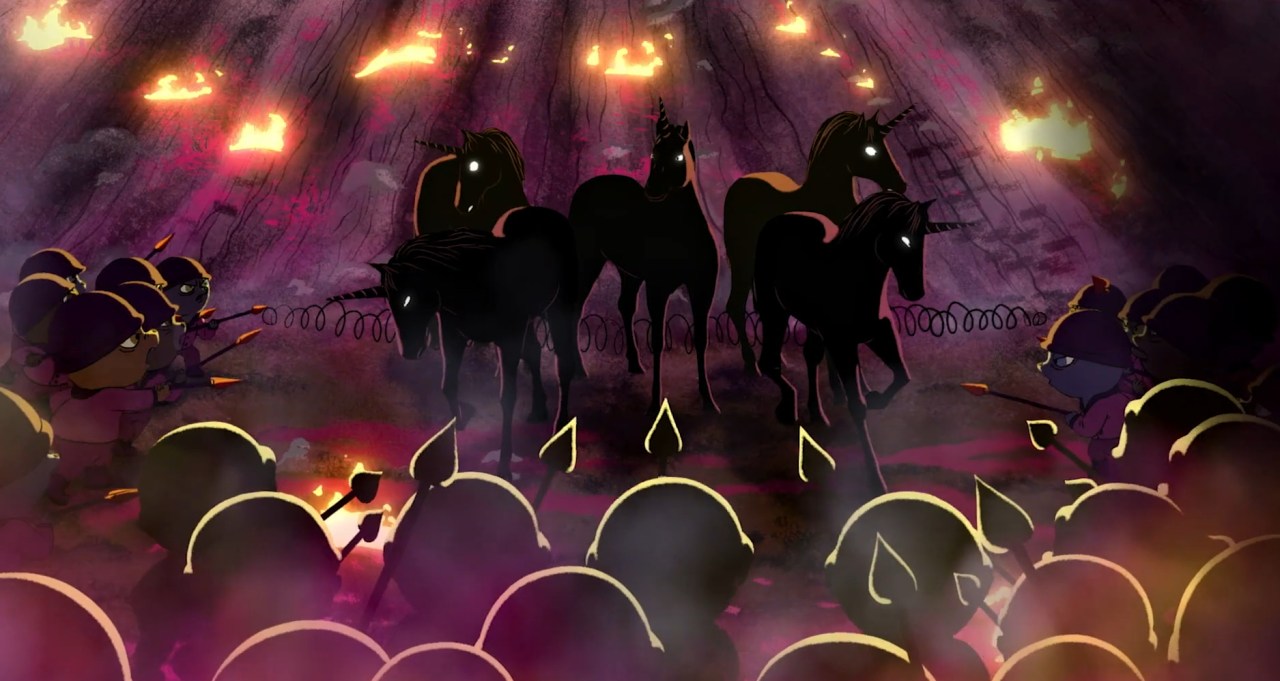 Bears with spears surround unicorns in Unicorn Wars (2022).