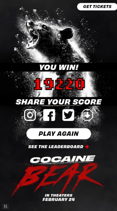 Cocaine Bear game high score.