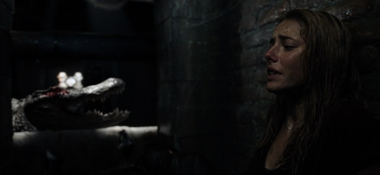 Kaya Scodelario is stalked by an alligator in Crawl (2019).