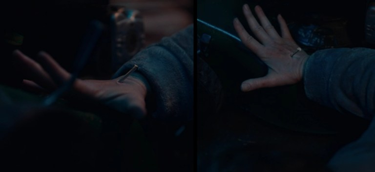 Celia's hand is shot by a nail gun in M3GAN (2023).