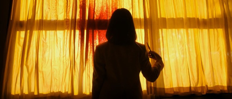 A student stands in front of bloodied curtains in Signal 100.