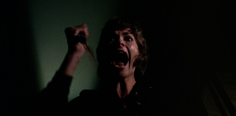 Evelyn (Jessica Walter) scream while brandishing a knife in Play Misty for Me (1971).