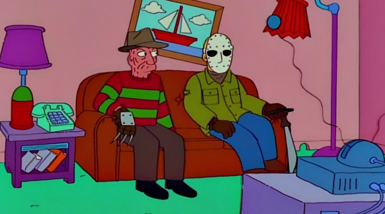 Freddy and Jason sit on the famous Simpson's couch in Treehouse of Horror IX.