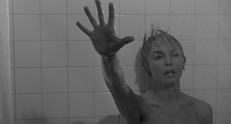 Janey Leigh reaches out in the shower scene from Psycho (1960).