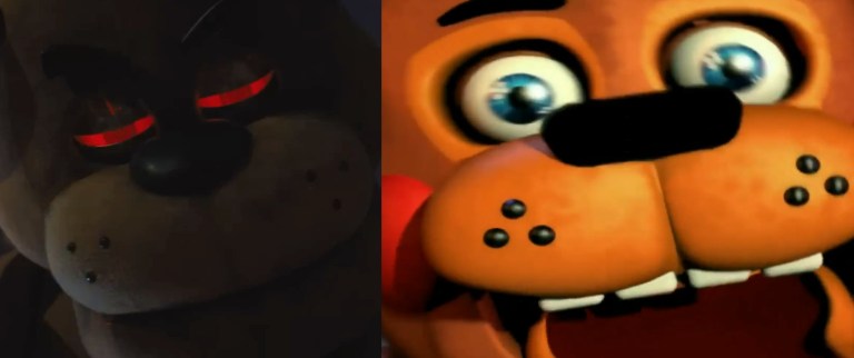 A comparison of Freddy Fazbear's eyes in the FNaF movie trailer and in the game Five Nights at Freddy's 2.