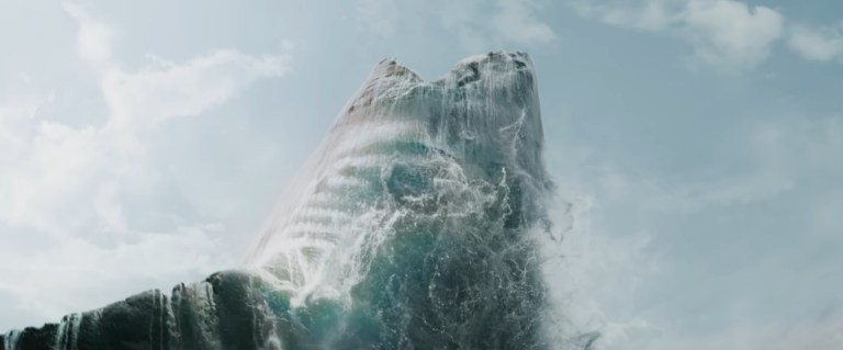 A megalodon breaches in The Meg 2: The Trench (2023).