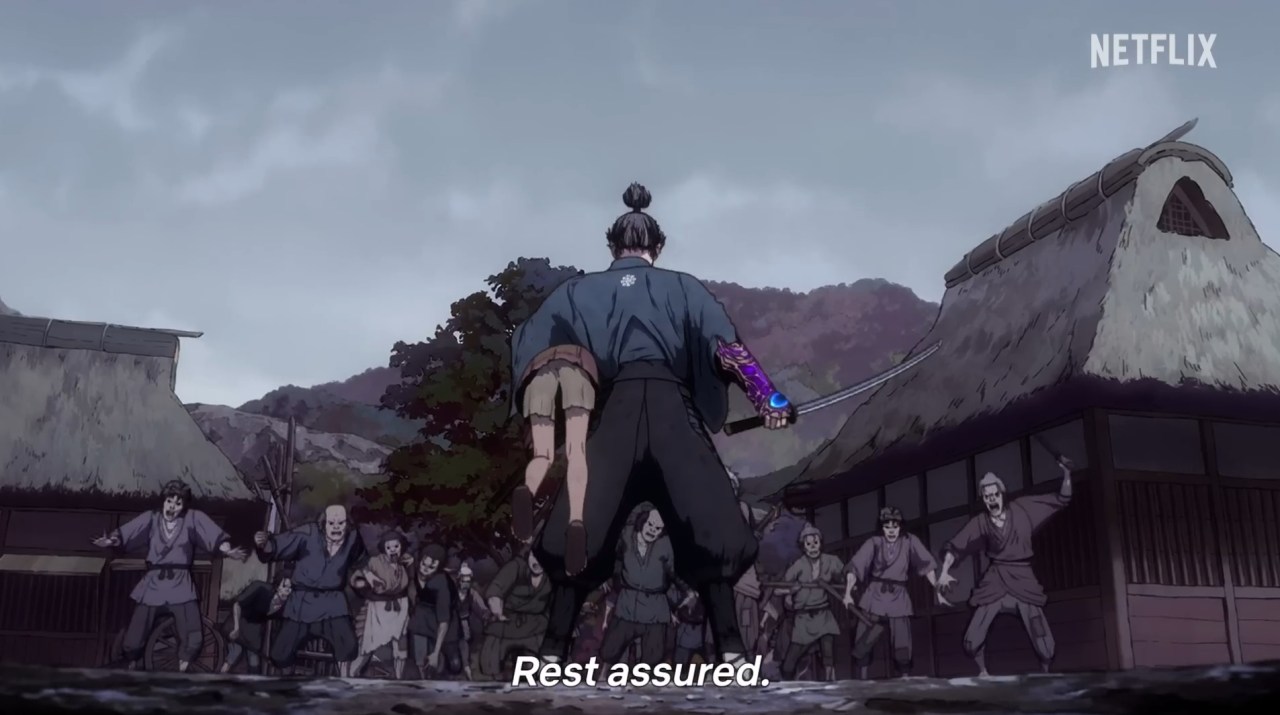 Musashi Miyamoto faces off with a group of Genma in Onimusha (2023).