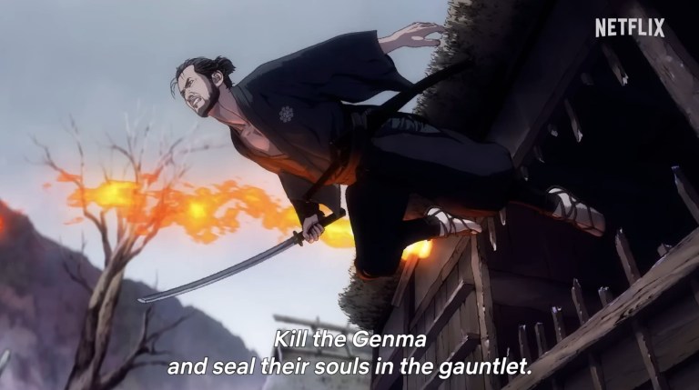 Musashi Miyamoto leaps from a building in Onimusha (2023).