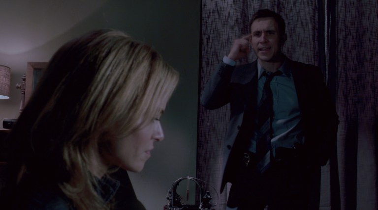 Gibson gets frustrated with Jill Tuck at the safe house which Mark Hoffman already knows about.