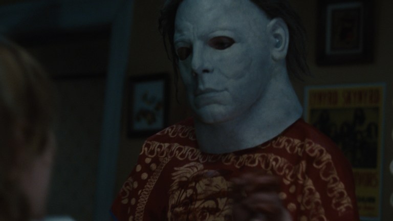 Michael Myers wears the iconic Shape mask as a child in Halloween (2007).
