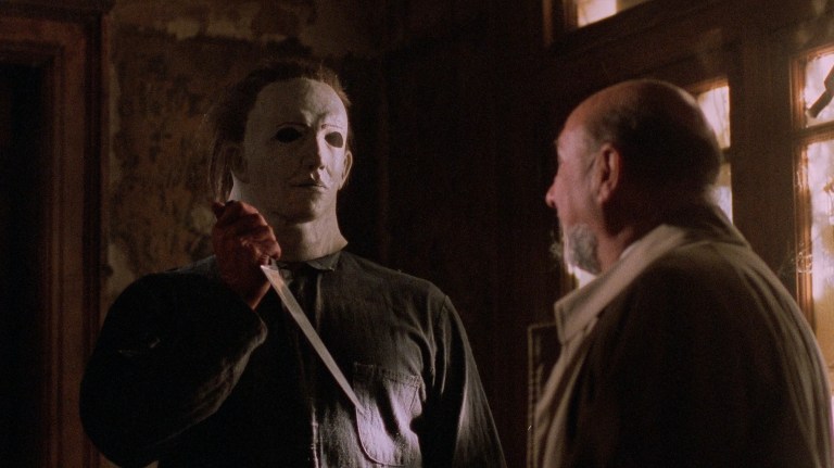 Dr. Loomis confronts Michael Myers in Halloween 5: The Return of Michael Myers (1989).