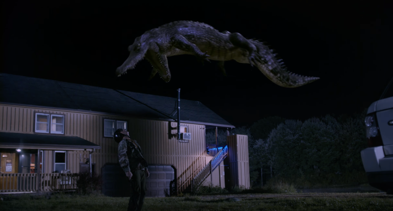 An alligator floats in the air in Bad CGI Gator (2023).