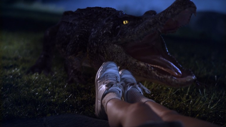The alligator in Bad CGI Gator (2023) opens its mouth as it approaches someone's legs.
