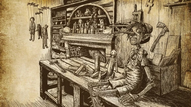 Pinocchio sits on a table in an illustrated image of Pinocchio: Unstrung.
