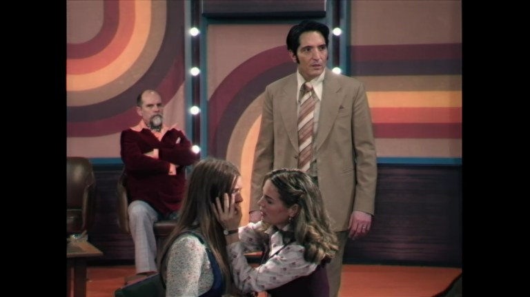 David Dastmalchian, Ian Bliss, Ingrid Torelli, and Laura Gordon in Late Night with the Devil (2023).
