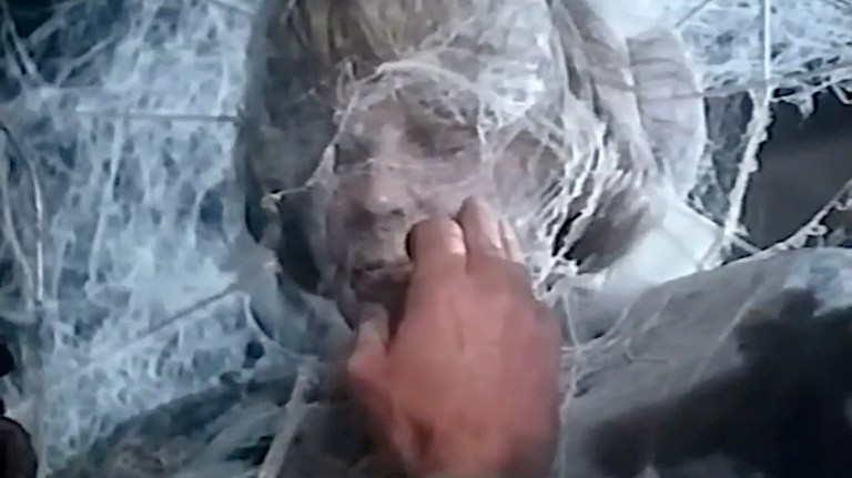 A person is covered in spider webs in Curse of the Black Widow (1977).