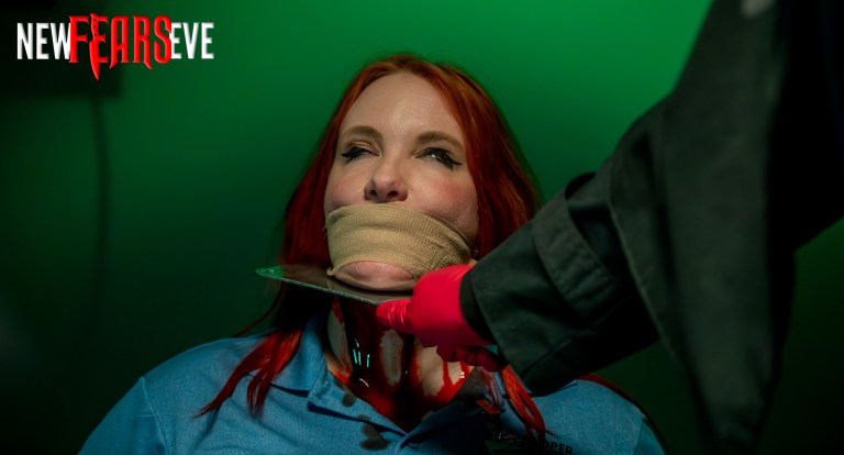 A behind-the-scenes image of a throat slashing in New Fears Eve.