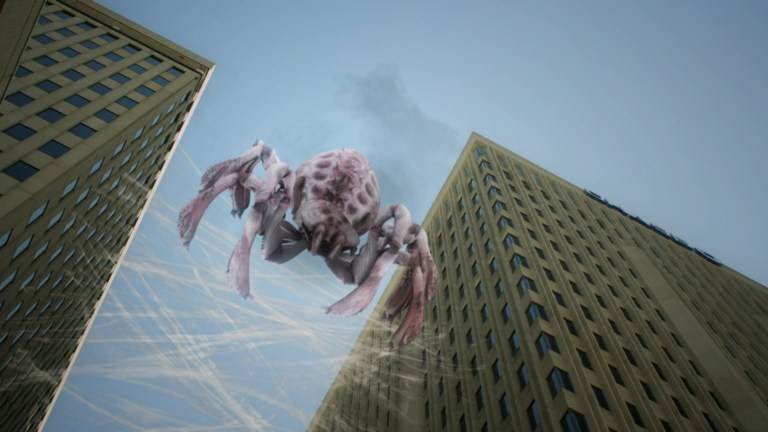 A humongous spider spins a web between two buildings in Arachnoquake (2012).