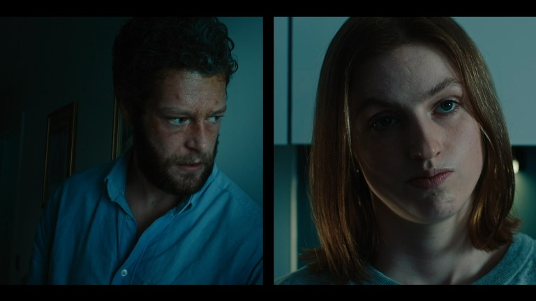 Axel and Dakota appear next to each other in a split screen in Kill Your Lover (2023).