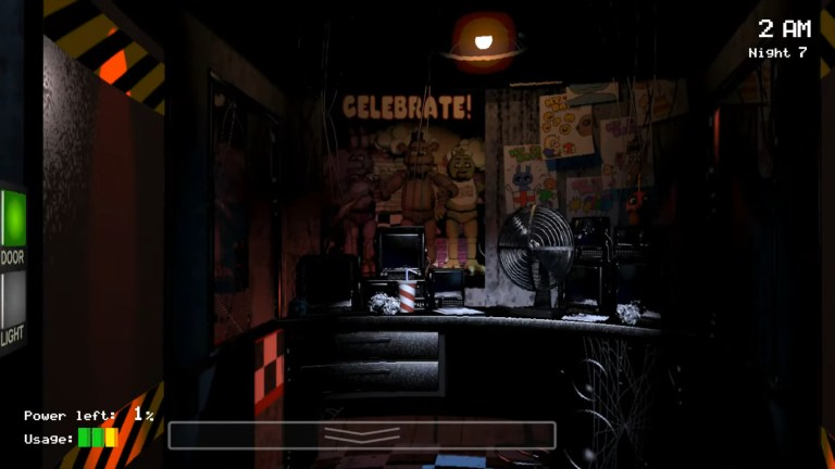 A view of the security room in Five Nights at Freddy's.