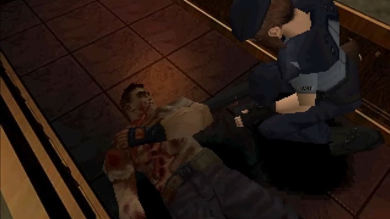 Jill checks on a fellow STARS member in Resident Evil.