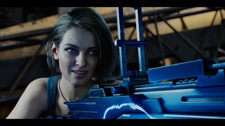 Jill smiles as she aims a really large gun in Resident Evil: Death Island.