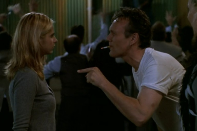 Buffy and Giles in season 3 of Buffy the Vampire Slayer.