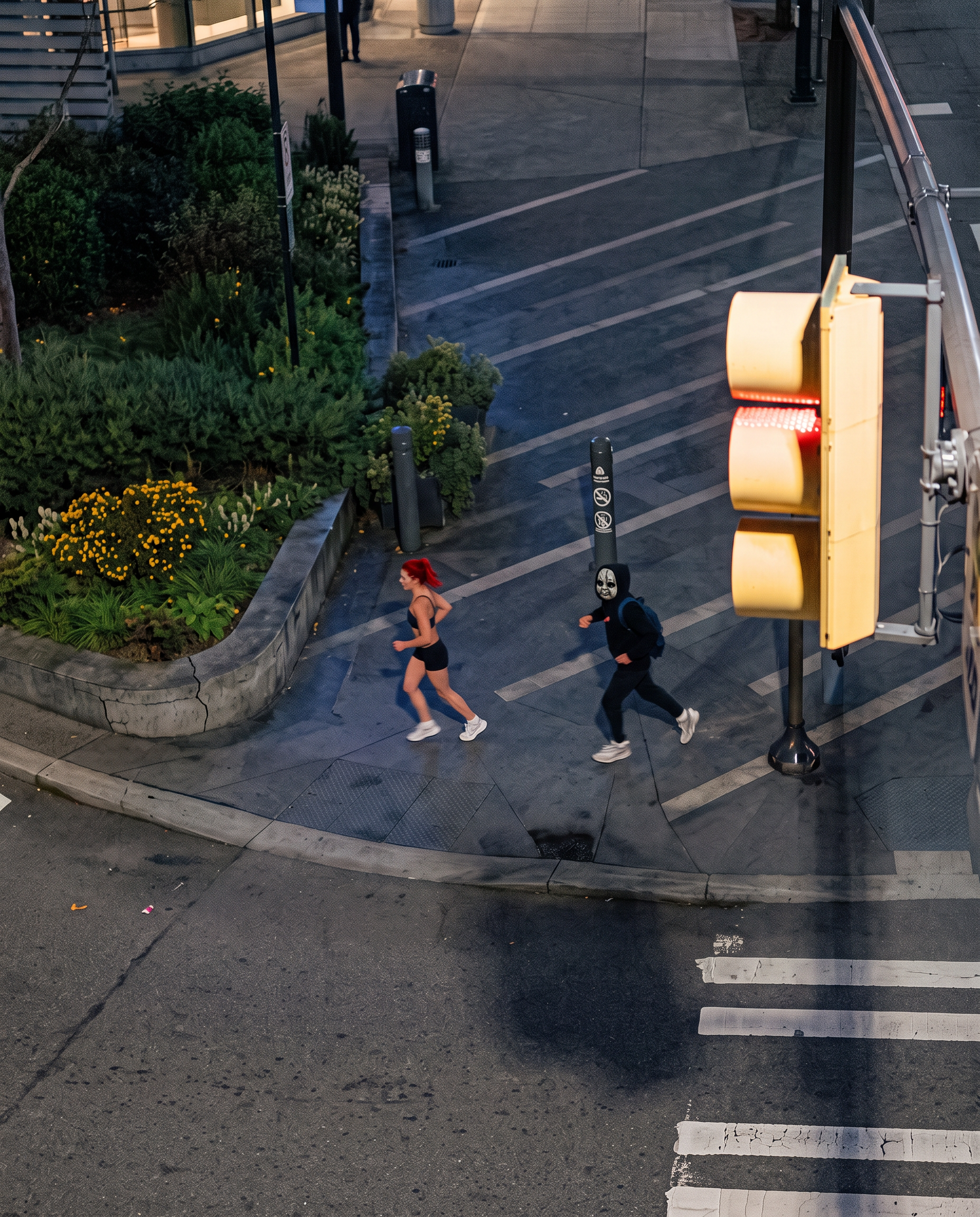 Person in a Chucky Halloween mask facing a woman in a fighting stance on a city street