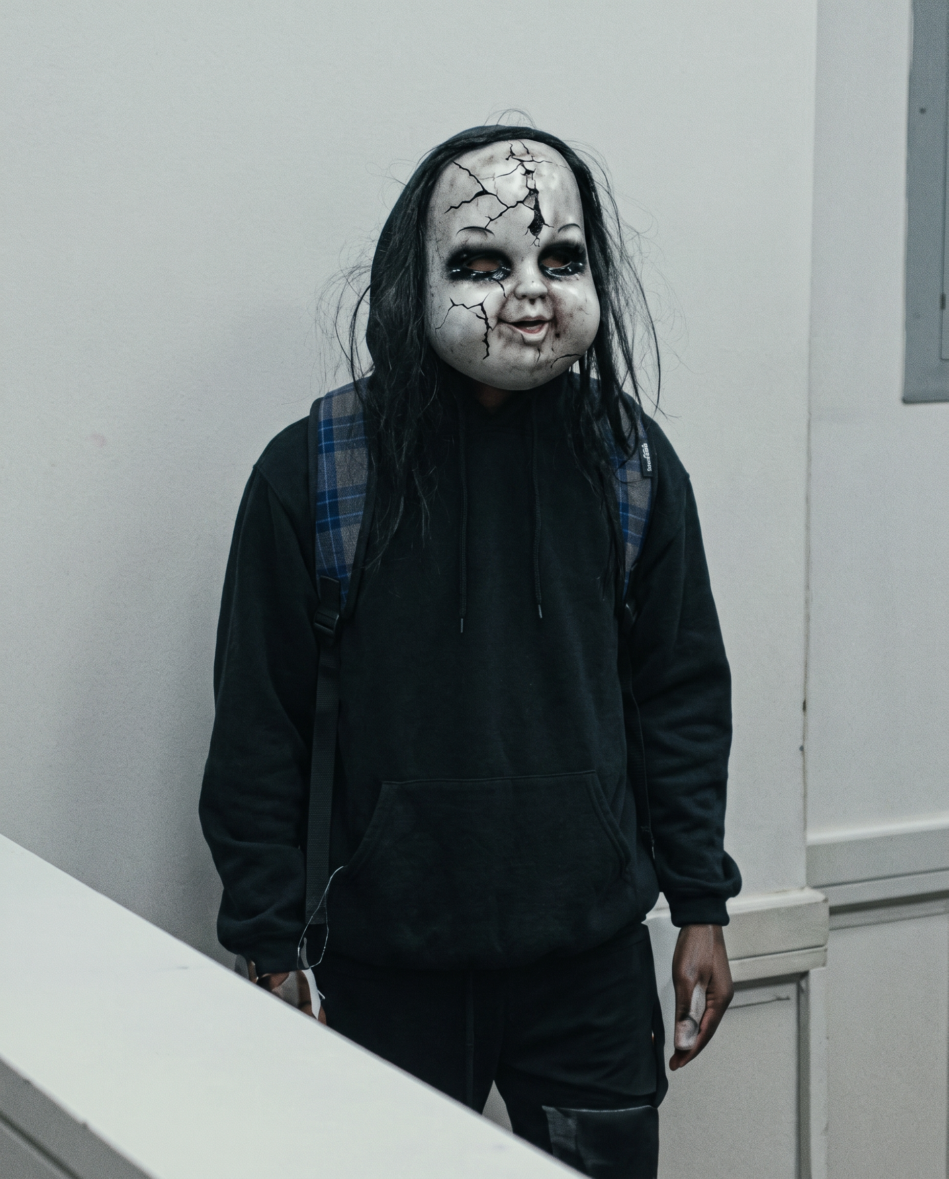 Person wearing a Chucky Halloween mask on a city street