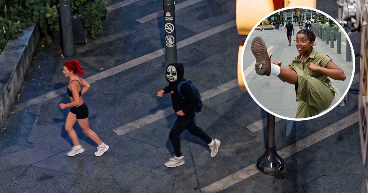 Aerial view of a red-haired female jogger and a person wearing a dark horror mask running together at an urban street corner with a red traffic light visible.